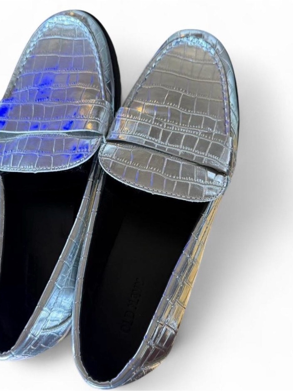 Men's Metallic Silver Croc-Embossed Loafers